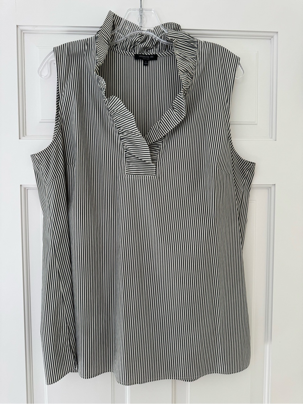 Lafayette Black & White Striped Ruffle V-Neck Sleeveless Top